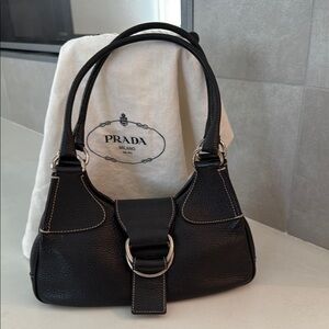 Prada Black Leather Semitracolla (moon) Bag with Silver Buckle